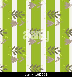 Doodle nature cute seamless pattern with leaf branches and flowers. Striped background. Vector illustration for seasonal textile prints, fabric, banne Stock Vector
