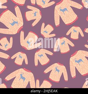 Knitted pullover random ornament seamless winter pattern. Purple pastel background. Vector illustration for seasonal textile prints, fabric, banners, Stock Vector