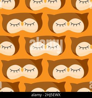 Owl brown color geometric seamless pattern on orange background. Children graphic design element for different purposes. Flat vector illustration. Stock Vector