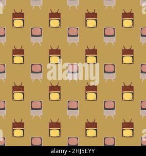 Bright pink and yellow colored tv ornament seamless pattern. Ocher pale background. Scrapbook print. Vector illustration for seasonal textile prints, Stock Vector