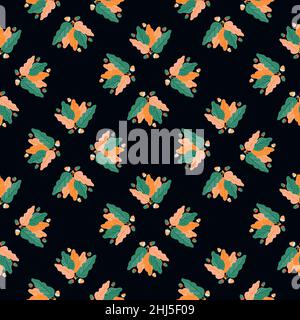 Contrast abstract seamless pattern with turquoise and orange leaf shapes. Black background. Graphic design for wrapping paper and fabric textures. Vec Stock Vector
