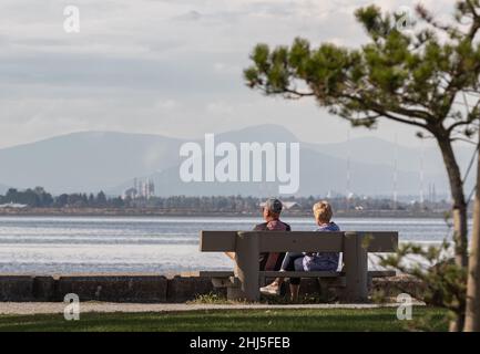 Elderly couple enjoying the afternoon on a calm and peaceful relaxing in front of the ocean view. Stock Photo