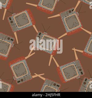 Seamless pattern with simple television ornament in grey colors. Brown background. Flat vector print for textile, fabric, giftwrap, wallpapers. Endles Stock Vector