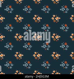 Cartoon seamless nature pattern with botanic flower elements. Navy blue background. Stock illustration. Vector design for textile, fabric, giftwrap, w Stock Vector