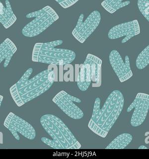 Hand drawn random seamless pattern with blue contoured mittens ornament. Dark grey background. Graphic design for wrapping paper and fabric textures. Stock Vector