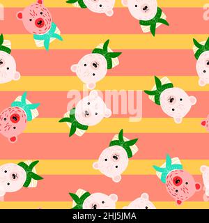 Seamless pattern with sailor bear ornament. Animal backdrop with pink and yellow striped background. Vector illustration for seasonal textile prints, Stock Vector