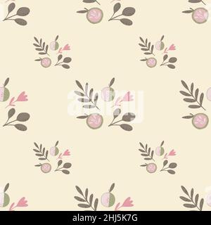 Minimalistic organic seamless pattern with green pale leaves and apples. Pink background. Graphic design for wrapping paper and fabric textures. Vecto Stock Vector