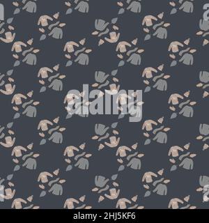 Dark warm seamless pattern with doodle mittens, scarf, hat and sweater print. Grey background. Cartoon backdrop. Stock illustration. Vector design for Stock Vector