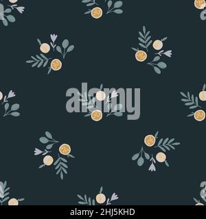 Minimalistic seamless pattern with doodle apple ornament and leaves. Navy blue background. Graphic design for wrapping paper and fabric textures. Vect Stock Vector