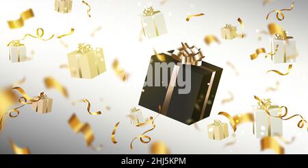 Gift boxes and confetti flying on defocused background. Black and gold presents with golden spiral twisted tinsel, birthday, 3d vector design for Birthday, New Year, Christmas Realistic illustration Stock Vector