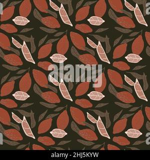 Pale fruit seamless pattern with brown colored lemon shapes and foliage. Dark background. Vector illustration for seasonal textile prints, fabric, ban Stock Vector
