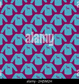 Bight blue pullover seamless doodle pattern in winter cozy style on purple background. Flat vector print for textile, fabric, giftwrap, wallpapers. En Stock Vector