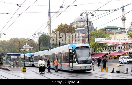 A modern Bombardier tram in Fatih, Istanbul, Turkey. Stock Photo