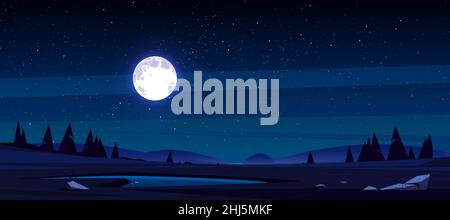 Meadow with grass, pond, conifers and hills on horizon at night. Vector illustration of summer landscape of field or pasture with plants, lake, full moon and stars in dark sky Stock Vector