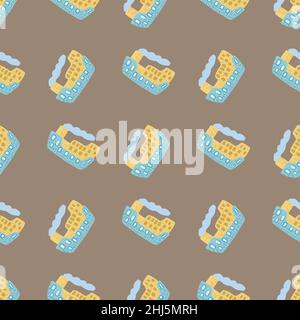 Yellow and blue colored pastel ship silhouettes seamless pattern. Brown pale background. Childish backdrop. Vector illustration for seasonal textile p Stock Vector