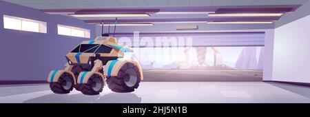 Rover in hangar on alien planet surface with drilling rig. Vector cartoon fantasy illustration of cosmos investigation with garage interior with explorer robot and derrick with auger outside Stock Vector