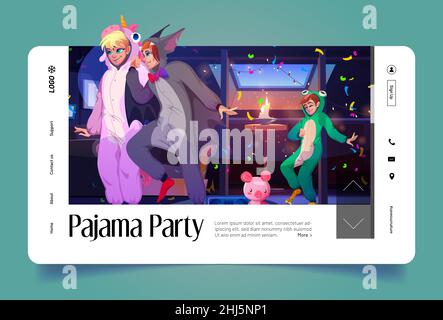 Pajama party banner with people in kigurumi dance on house attic. Vector landing page of slumber party cartoon illustration of mansard interior with characters in funny pyjamas Stock Vector