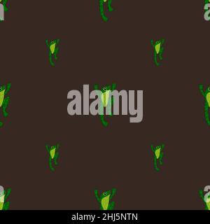 Minimalistic style seamless pattern with bright green frog shapes print. Brown background. Nature wildlife print. Stock illustration. Vector design fo Stock Vector