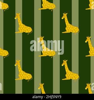 Exotic zoo seamless pattern with hand drawn yellow doodle giraffe ornament. Green striped background. Vector illustration for seasonal textile prints, Stock Vector