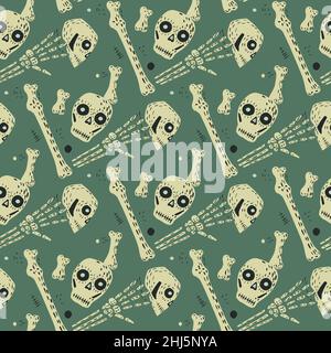 SImple spooky grey skull and bones ornament seamles pattern in hand drawn style. Turquoise pastel background. Stock illustration. Vector design for te Stock Vector