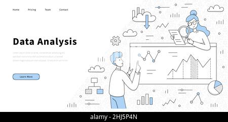 Data analysis doodle landing page, business analysts learning charts at dashboard, planning investment strategy, profits and risks. Sales management statistics and reports Line art vector web banner Stock Vector