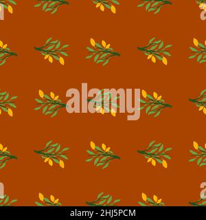 Green lemon branches and yellow fruits seamless botanic food pattern. Dark brown brick colored background. Flat vector print for textile, fabric, gift Stock Vector