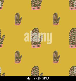 Minimalistic style winter seamless pattern with hand drawn grey and pink colored mittens. Yellow background. Graphic design for wrapping paper and fab Stock Vector