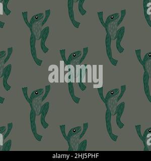 Dark zoo marine seamless doodle pattern with green froggy ornament. Grey background. Kids style. Stock illustration. Vector design for textile, fabric Stock Vector