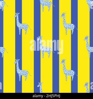 Bright childish seamless pattern with blue giraffe silhouettes. Navy blue and yellow striped background. Vector illustration for seasonal textile prin Stock Vector