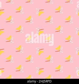 Bright seamless doodle pattern with yellow bird silhouettes on branches. Pink pastel background. Vector illustration for seasonal textile prints, fabr Stock Vector
