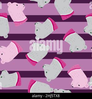 Kids funne seamless bright pattern with blue and pink colored bear silhouettes. Purple striped background. Stock illustration. Vector design for texti Stock Vector