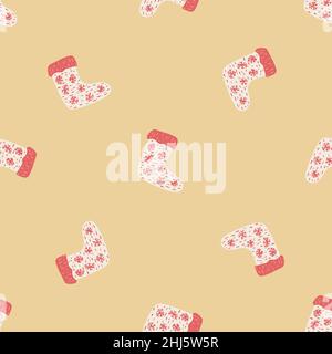 Seamless doodle pattern with simple red colored socks ornament. Light yellow background. Vector illustration for seasonal textile prints, fabric, bann Stock Vector