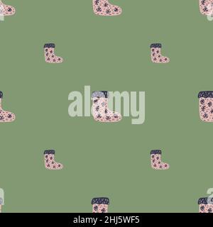Minimalistic style seamless pattern with pink pale decorative socks. Green pastel background. Vector illustration for seasonal textile prints, fabric, Stock Vector
