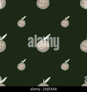 Minimalistic seamless pattern with doodle grey apple ornament. Dark green olive background. Stock illustration. Vector design for textile, fabric, gif Stock Vector