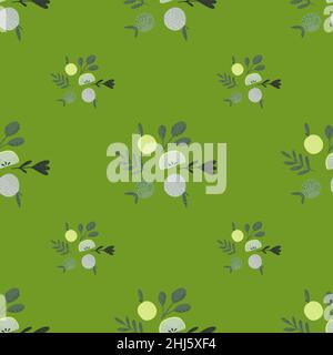 Seamless food minimalistic pattern with apple fruit print and leaves silhouettes. Green background. Stock illustration. Vector design for textile, fab Stock Vector