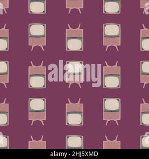 Pink colored tv ornament in cartoon style seamless pattern. Purple background. Hand drawn retro style. Vector illustration for seasonal textile prints Stock Vector