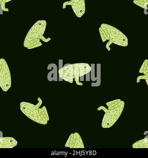 Contrast zoo marine seamless pattern with doodle green frog silhouettes print. Dark brown background. Stock illustration. Vector design for textile, f Stock Vector