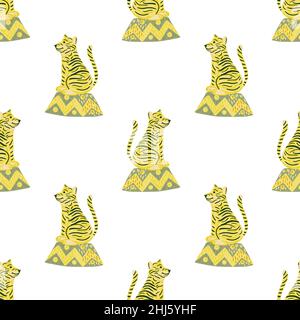 Isolated seamless pattern with yellow cartoon tiger silhouettes. White background. Circus print. Vector illustration for seasonal textile prints, fabr Stock Vector