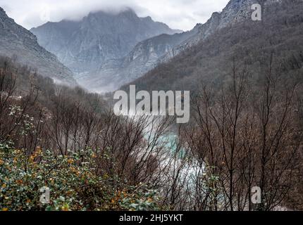 River Moraca, canyon Platije. Beautiful Canyon of Moraca river in winter, Montenegro or Crna Gora, Balkan, Europe. montenegro, canyon, mountain road. Stock Photo