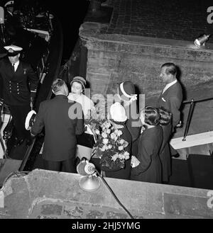 Queen Elizabeth II and Prince Philip, Duke of Edinburgh ending their state visit to Denmark. Saying their goodbyes at Helsingor. Queen Elizabeth II saying goodbye to King Frederik. Behind them are Queen Ingrid (in a white hat), Princess Margrethe (also wearing a hat), Princess Benedikte, Princess Anne Marie and Prince Philip. 25th May 1957. Stock Photo