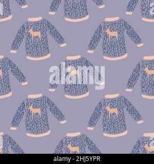 Cute winter seamless pattern with christmas sweater with deer. Blue palette artwork. Vector illustration for seasonal textile prints, fabric, banners, Stock Vector