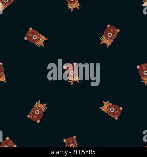 Seamless dark pattern with brown bears silhouettes print. Black background. Childish zoo cute print. Vector illustration for seasonal textile prints, Stock Vector