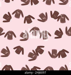 Random brown knitted sweaters ornament seamless pattern. Light pink background. Vector illustration for seasonal textile prints, fabric, banners, back Stock Vector