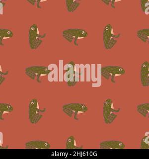 Tropic animal marine seamless pattern with amphibian green olive frog shapes. Pale dark pink background. Stock illustration. Vector design for textile Stock Vector