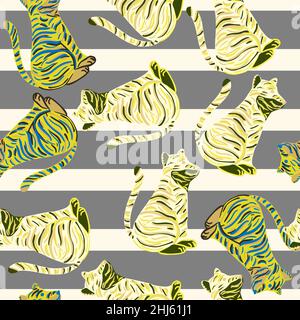 Random seamless pattern with yellow random tiger hand drawn ornament. Simple design with striped background. Stock illustration. Vector design for tex Stock Vector
