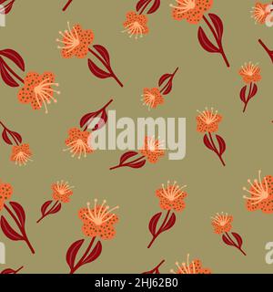 Seamless random pattern with botanic orange flowers random print. Green olive pale background. Stock illustration. Vector design for textile, fabric, Stock Vector