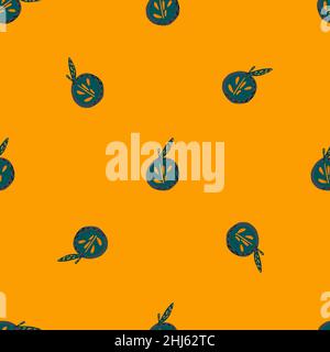 Minimalistic seamless pattern with doodle navy blue apple ornament. Bright orange background. Stock illustration. Vector design for textile, fabric, g Stock Vector