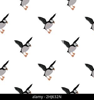 Isolated seamless cartoon pattern in kids style with grey and black colored puffin birds ornament. Flat vector print for textile, fabric, giftwrap, wa Stock Vector