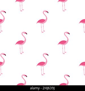 Isolated seamless exotic animal pattern with doodle pink flamingo silhouettes. White background. Vector illustration for seasonal textile prints, fabr Stock Vector