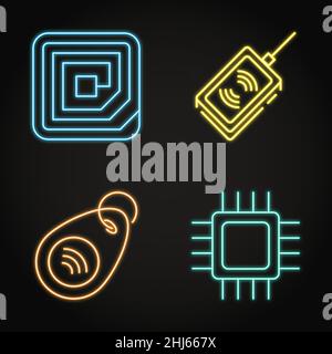 Neon RFID tag and microchip icon set in line style. Radio frequency identification, electronic scanner symbols. Vector illustration. Stock Vector